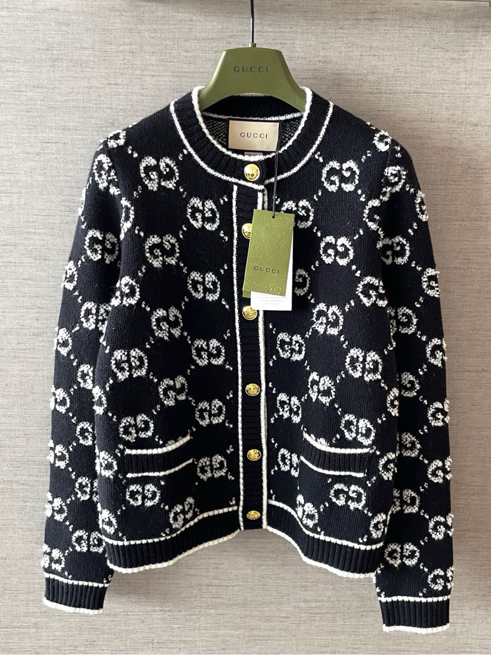 Gucci Black White Interlocking GG Jacquard Crew‑Neck Knit Cardigan Gold Buttons